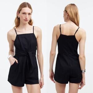 NWT Madewell Romper Linen Blend Tie Waist Sleeveless Square Neck Black Size 6